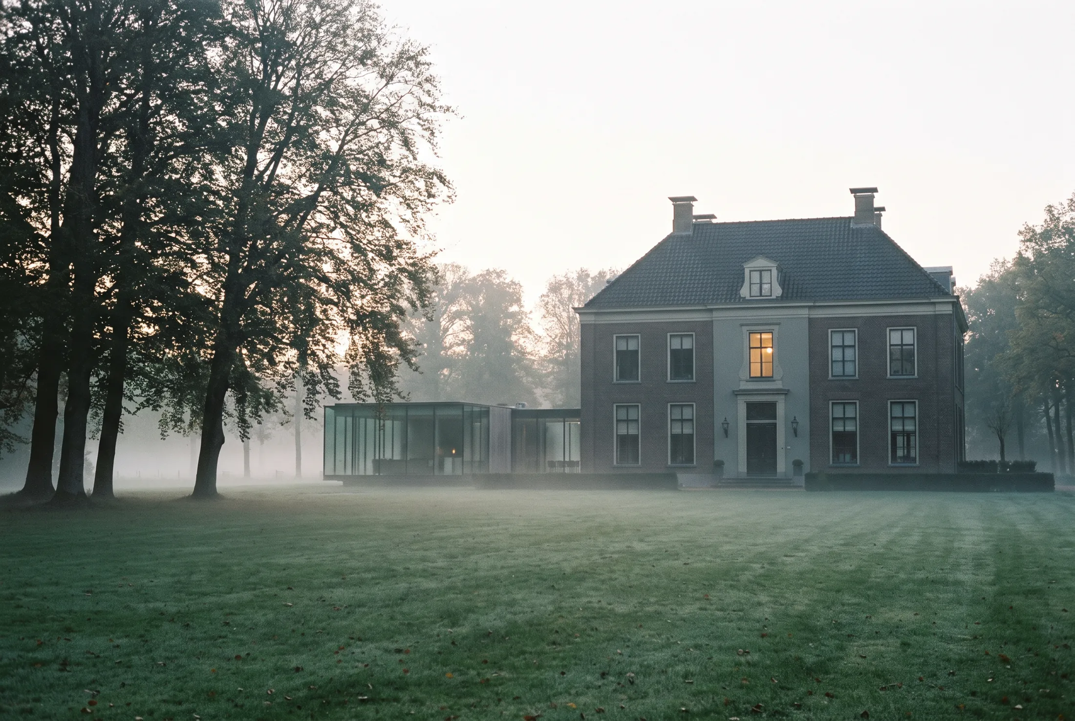 Landgoed met een modern glazen paviljoen in de ochtendmist